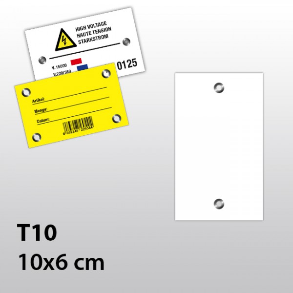 T10-Hängeetiketten aus Kunststoff mit zwei Ösen 10x6 cm